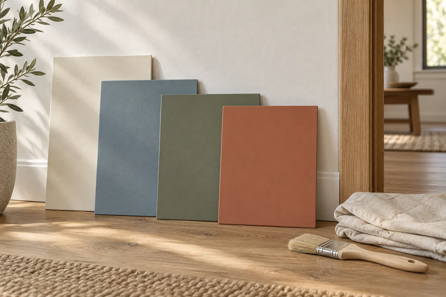 Paint sample boards in cream, dusty blue, olive and terracotta.