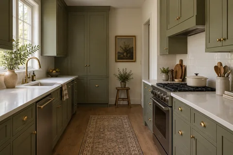 Olive painted cabinetry in a compact galley kitchen.
