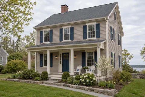 Taupe cottage with blue shutters and a small front garden.