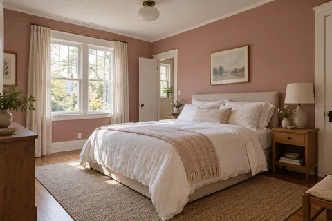 Dusty rose bedroom with ivory trim and a white linen bed.