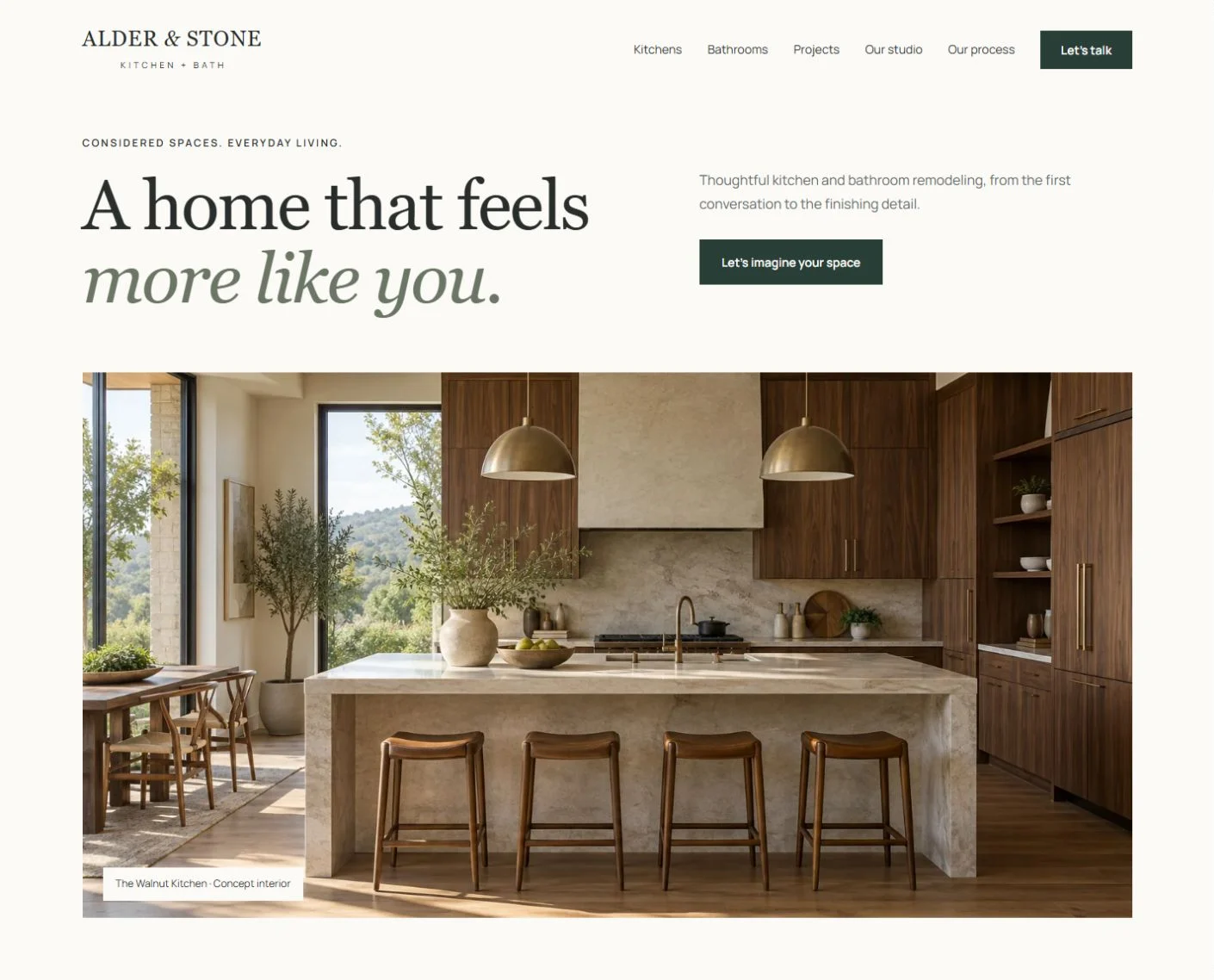 Alder & Stone homepage: A home that feels more like you, above a warm walnut kitchen