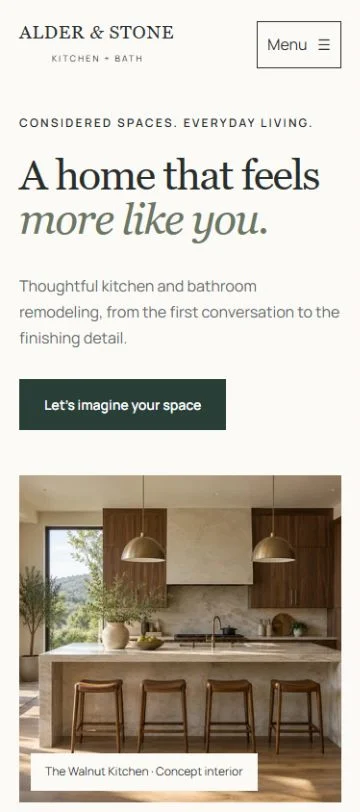 Alder & Stone homepage hero at mobile width