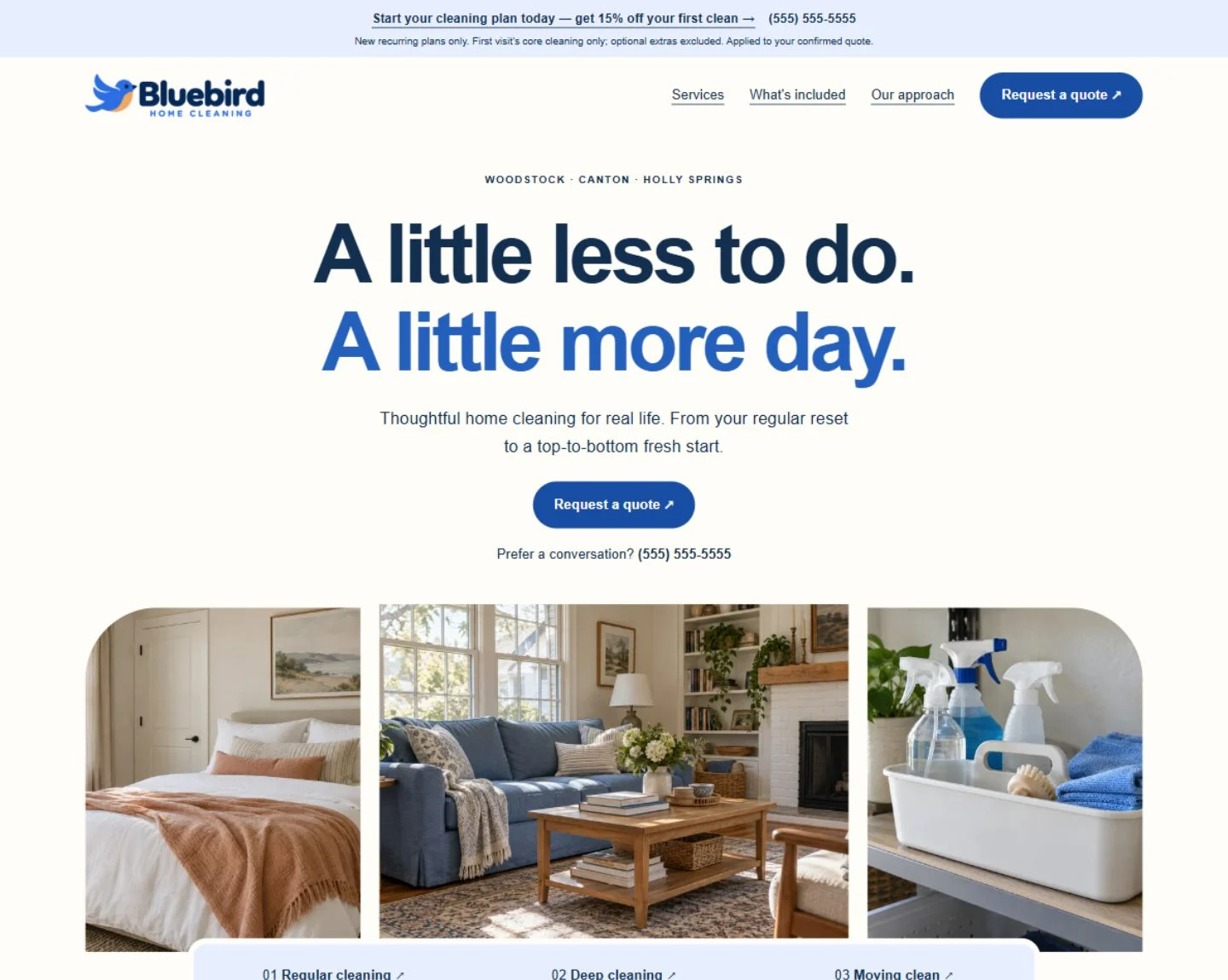 Bluebird Home Cleaning website homepage