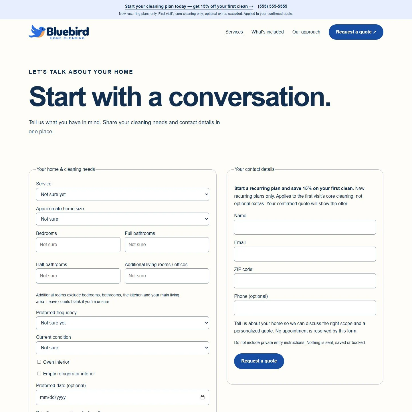Bluebird Home Cleaning website detail illustrating the case study