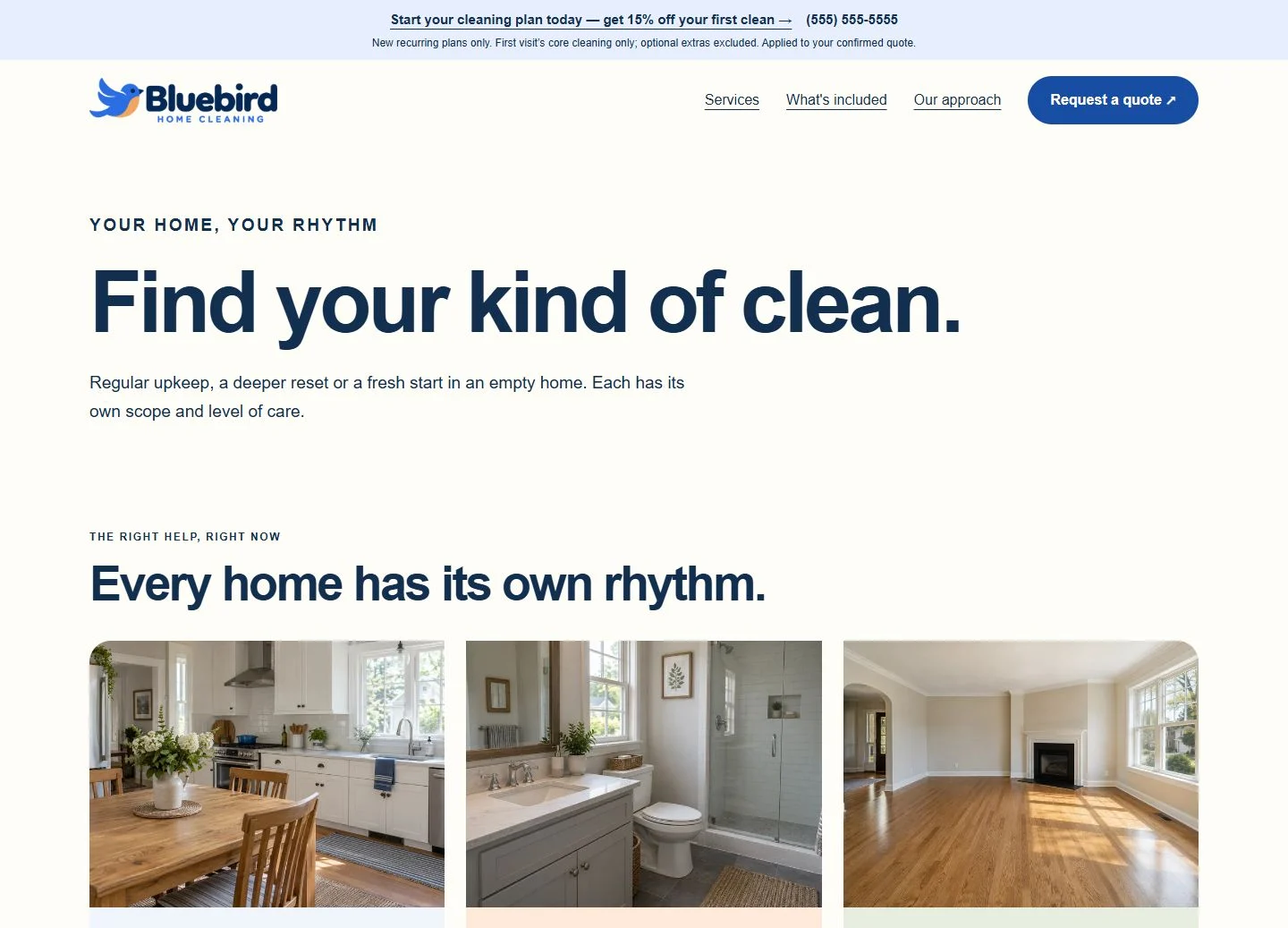 Bluebird Home Cleaning services page, demonstrating a complete service-page design