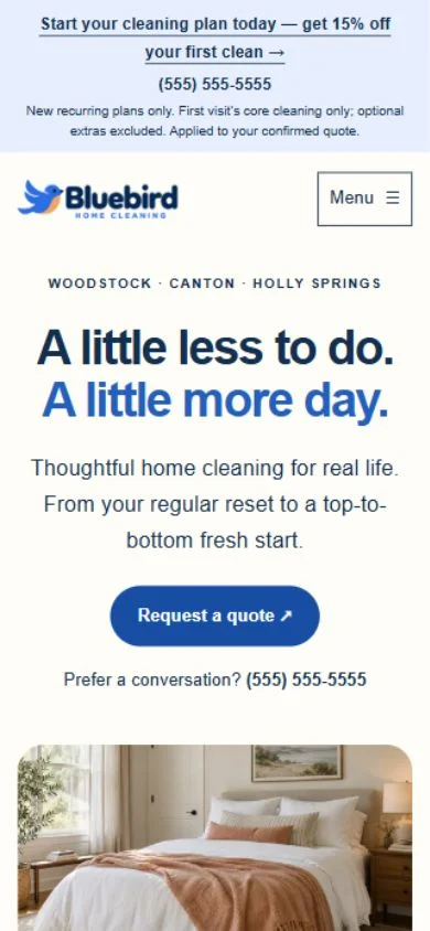 Bluebird Home Cleaning homepage hero at mobile width