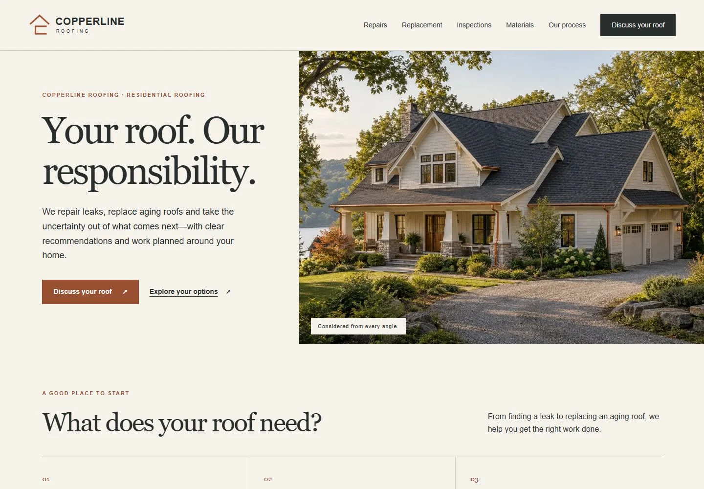 Copperline Roofing concept homepage on desktop