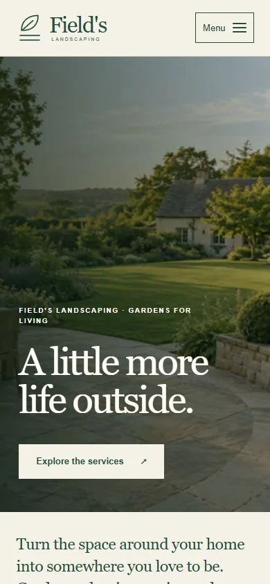 Field’s Landscaping homepage hero at mobile width