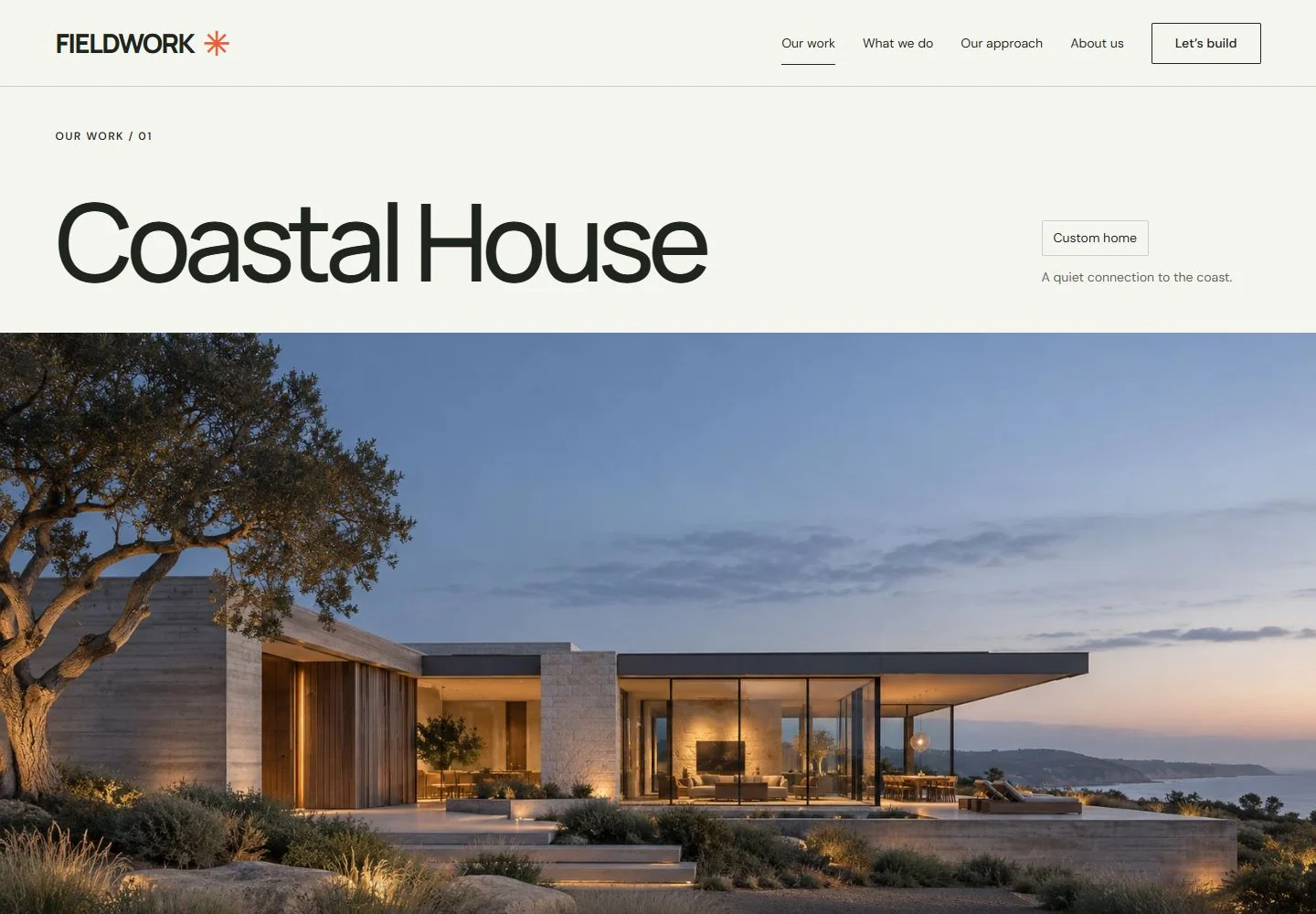 FIELDWORK Coastal House project page, pairing architectural imagery with a distinctive visual identity