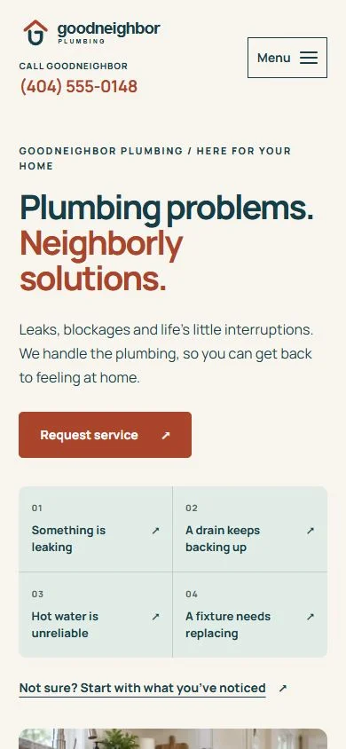 Goodneighbor Plumbing homepage hero at mobile width