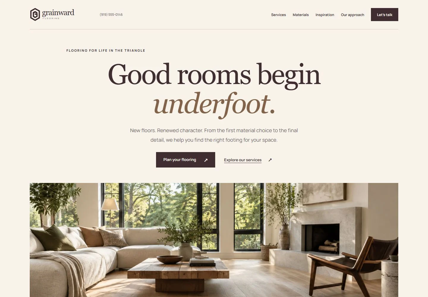 Grainward Flooring homepage with its distinctive typography and sunlit living room