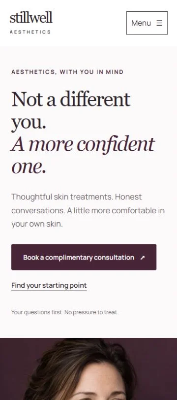Stillwell Aesthetics homepage hero at mobile width