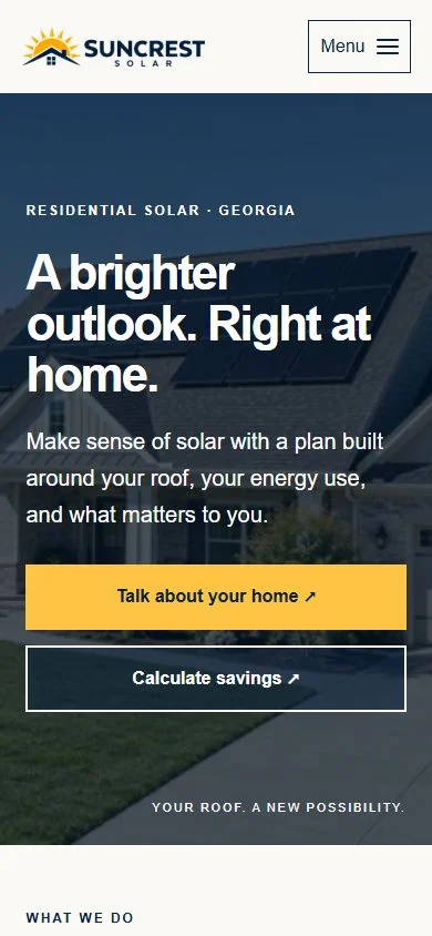 Suncrest Solar homepage hero at mobile width